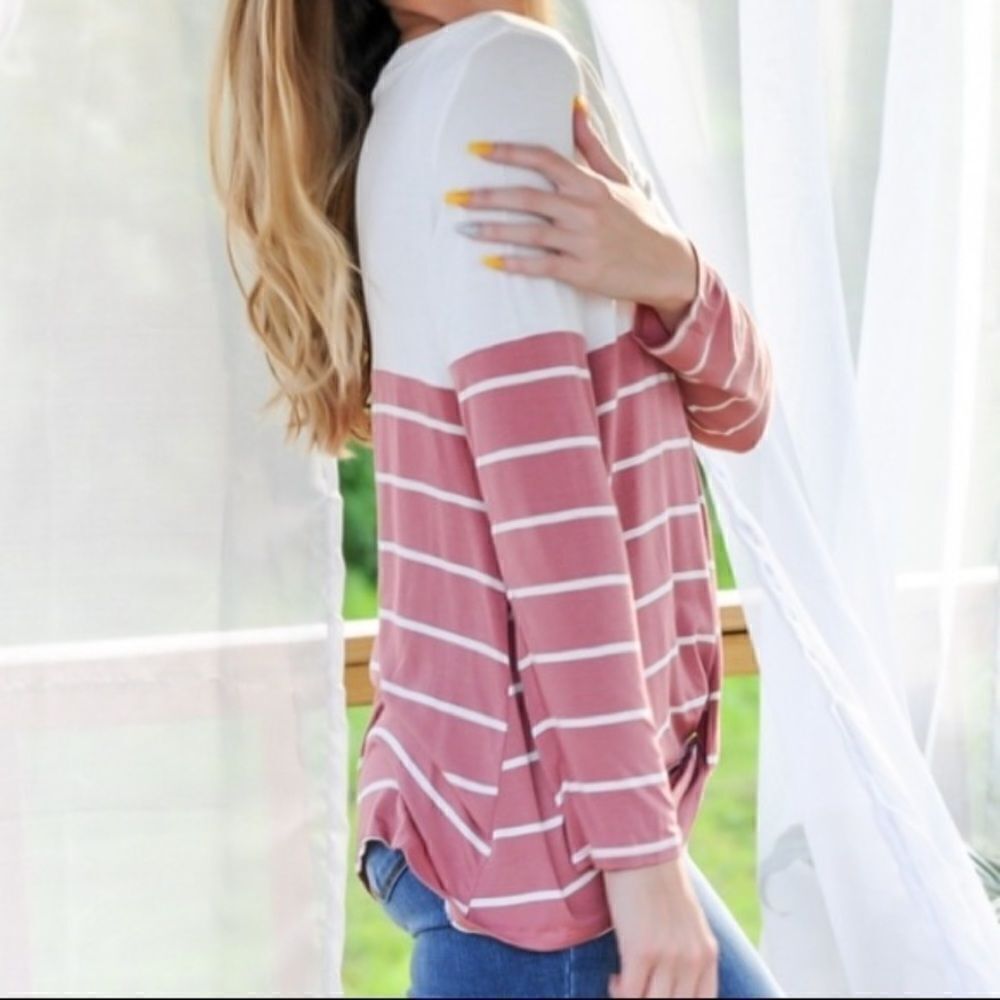 Pink & White Striped Color Block Twist Front Top - Picture 8 of 16